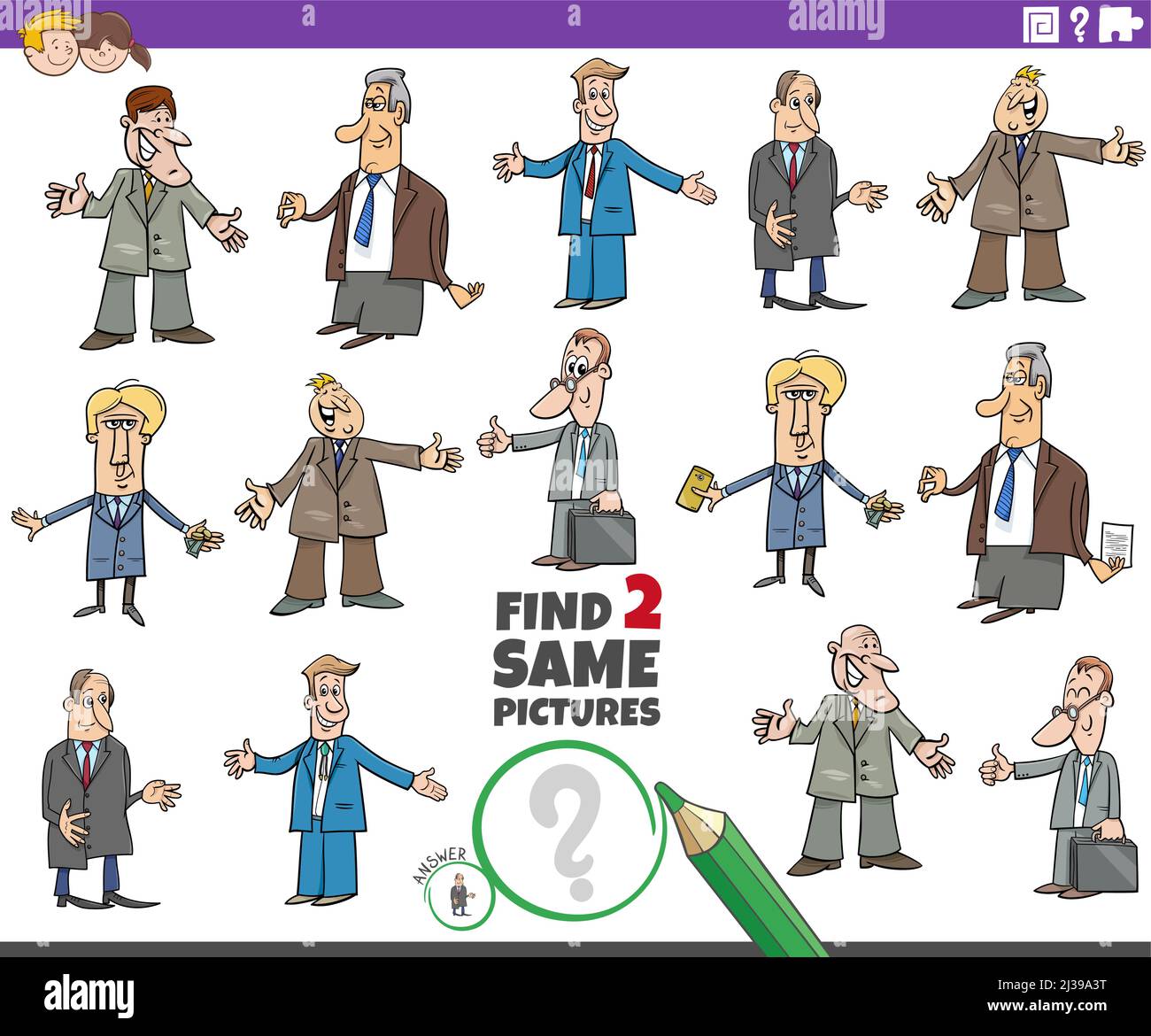 Cartoon illustration of finding two same pictures educational game with ...