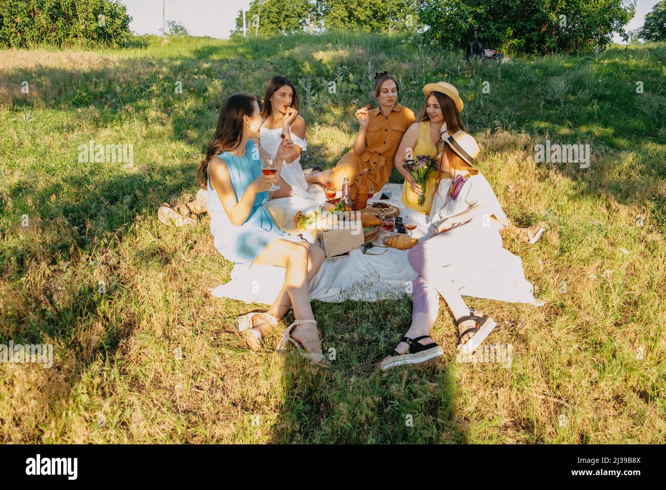 Summer party, Outdoor Gathering with friends. Five young women, Friends