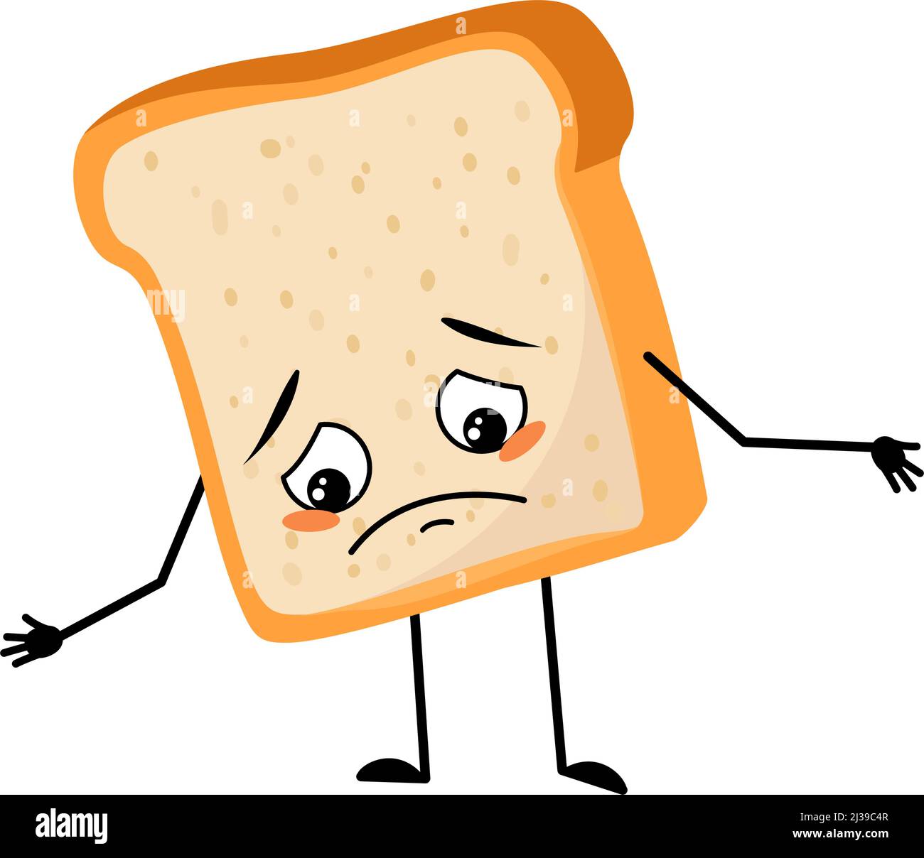 Cute bread character with sad emotions, depressed face, down eyes, arms