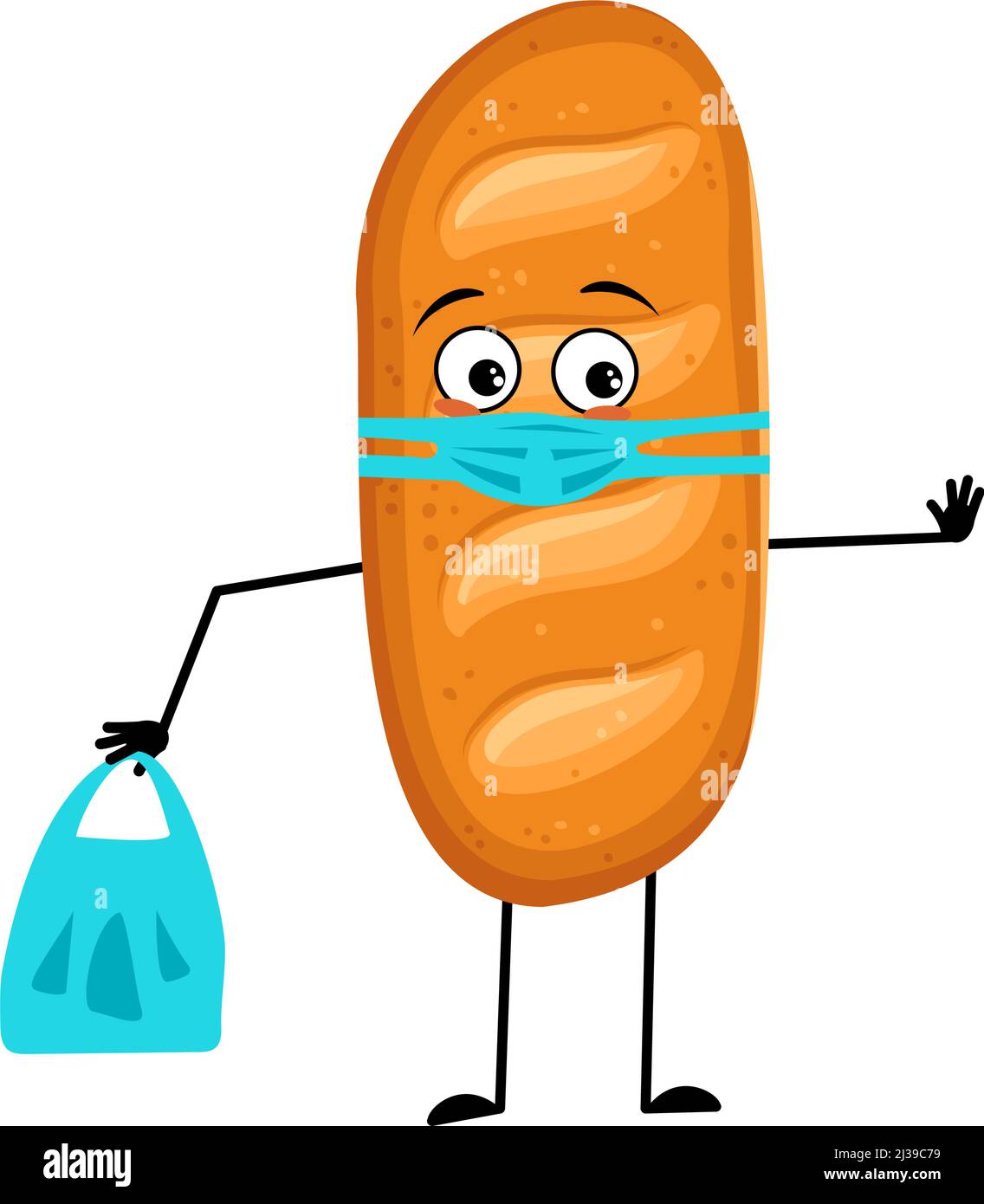 Cute loaf of bread character with face in medical mask and keep distance, hands with shopping bag and stop gesture. Baking person, homemade pastry with care expression. Vector flat illustration Stock Vector