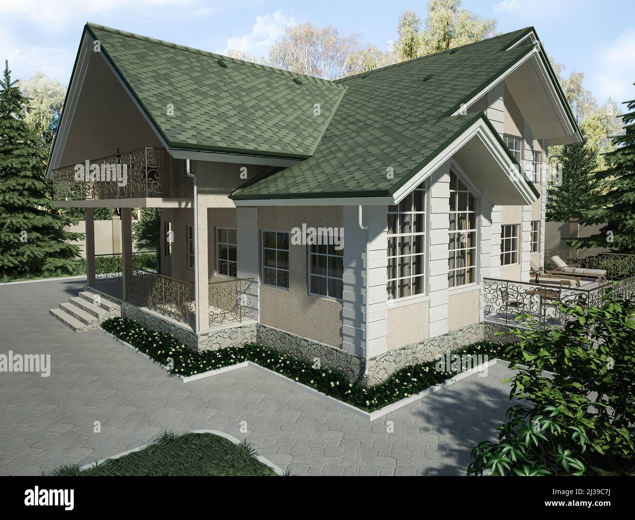 3d render of an architectural project of a country house in the forest. Country  house with a green roof Stock Photo - Alamy, image size:1300x1065