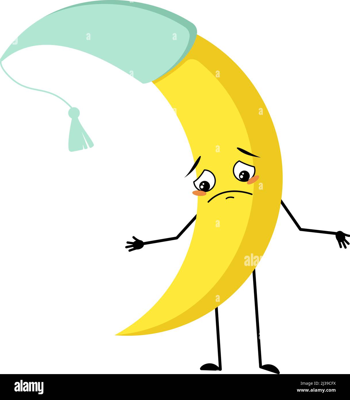 Cute moon character in nightcap with sad emotions, depressed face, down