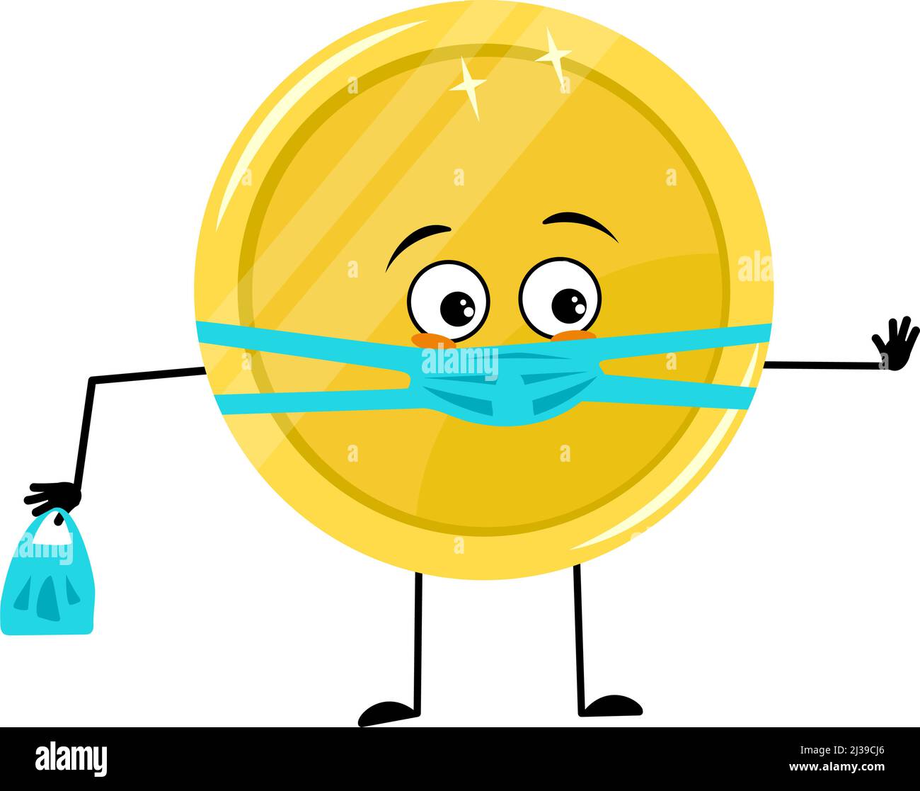 Cute golden coin character with sad emotions, face and mask keep distance, hands with shopping bag and stop gesture. Money person with care expression and pose. Vector flat illustration Stock Vector