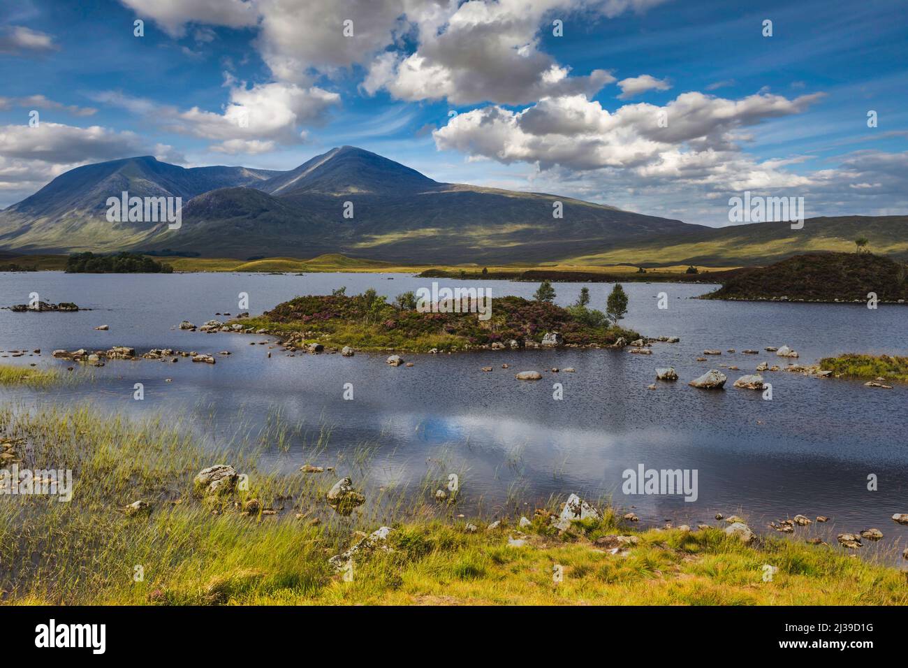 The lakes of Lochan na h-Achlaise on the vast peat bogs of Rannoch Moor in the remote West Highlands of Scotland. Stock Photo