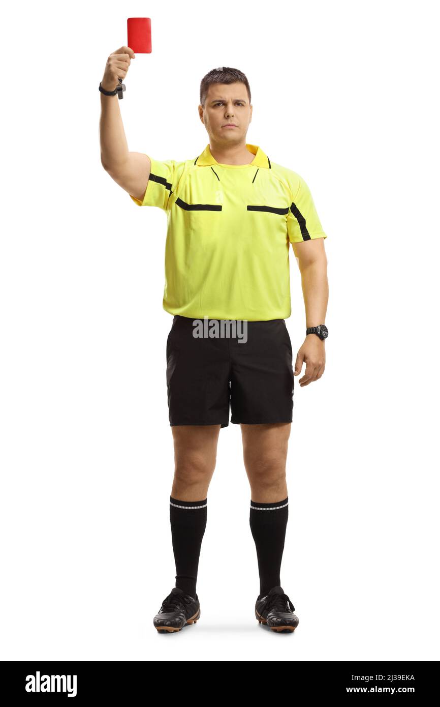 Full length portrait of a football referee giving a red card isolated on white background Stock Photo