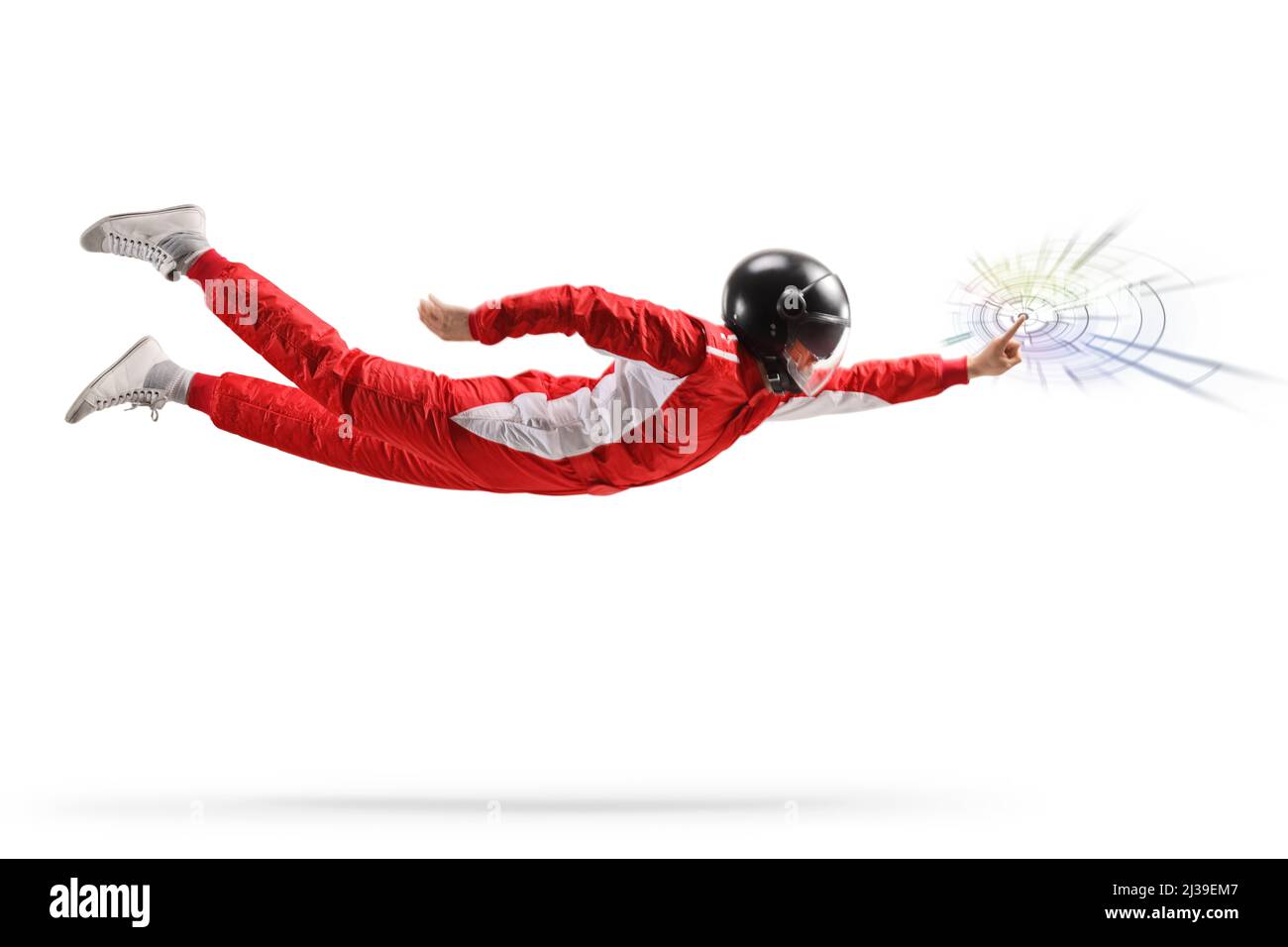 Racer flying and touching a digital network connection isolated on white background Stock Photo
