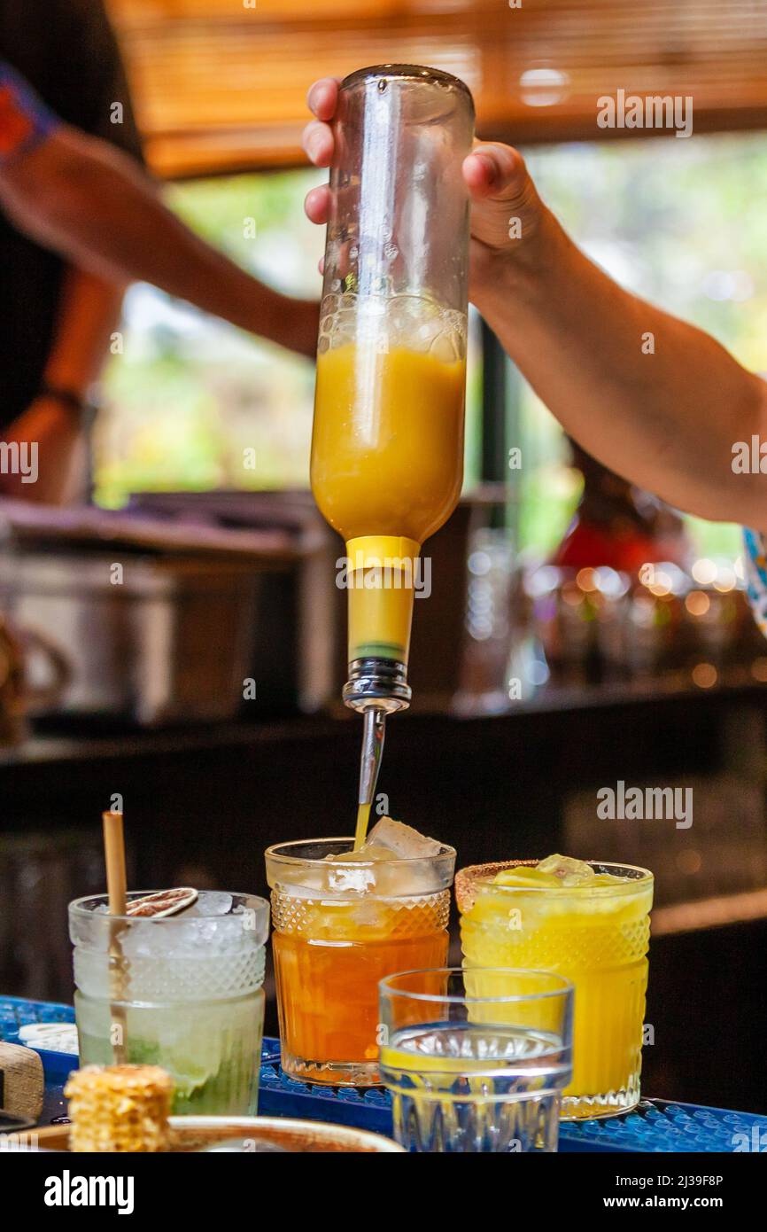 A bartender pouring a cocktail form a bottle to the glasses Stock Photo ...