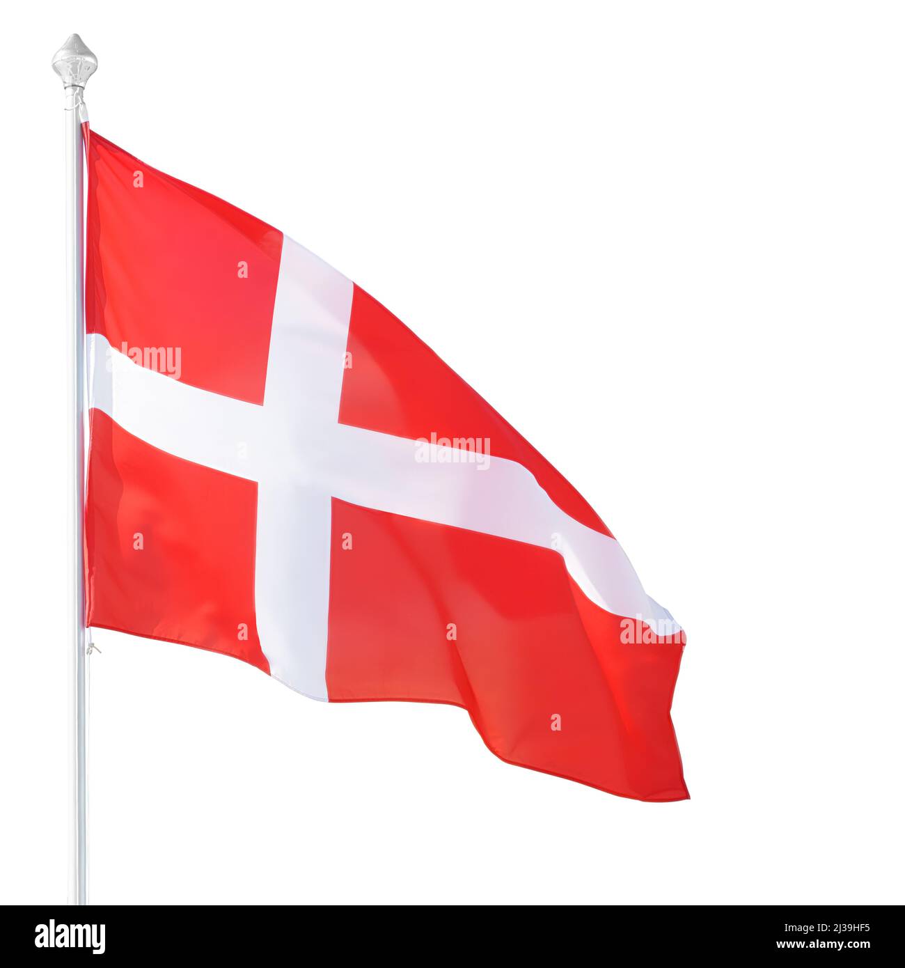 Danish flag on flagpole. Isolated on white, clipping path included Stock Photo