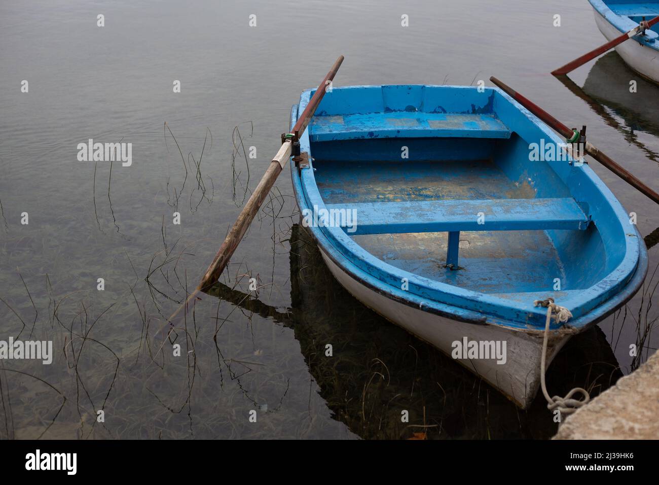 Old blue wooden boat moored at the edge of a lake Stock Photo