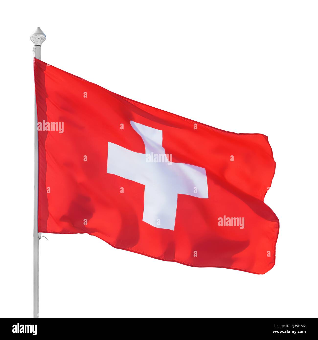 Switzerland flag on flagpole. Isolated on white, clipping path included Stock Photo