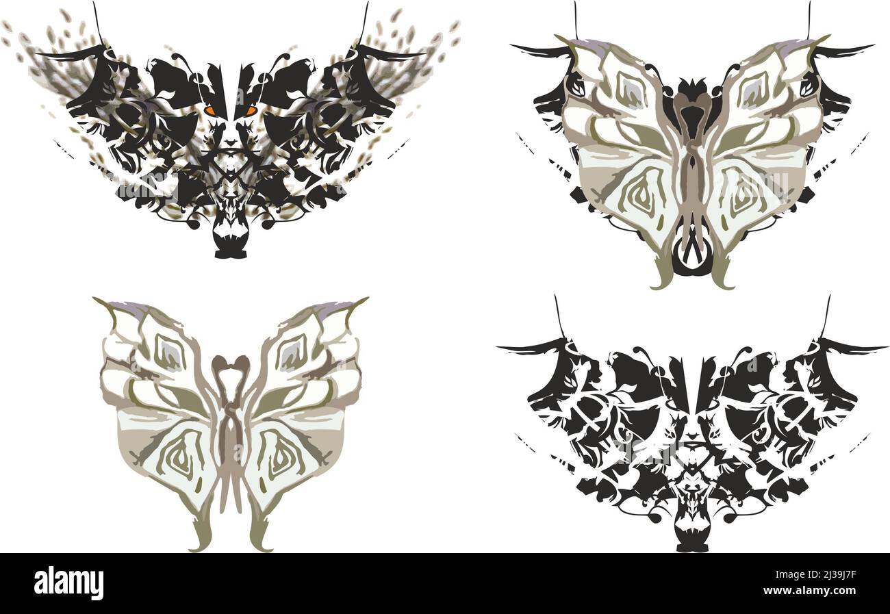 Ethnic butterfly wings on white - four options. Wavy butterfly wings and dangerous tribal butterfly wings for emblems on shields, cards, textiles Stock Photo
