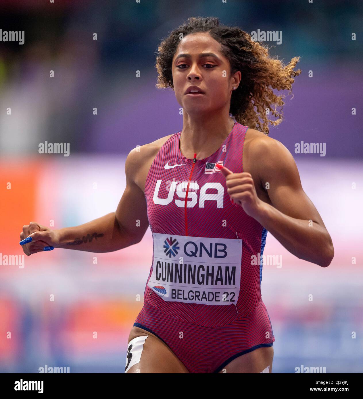 Gabriele Cunningham competing in the 60m hurdles semi finals on Day Two
