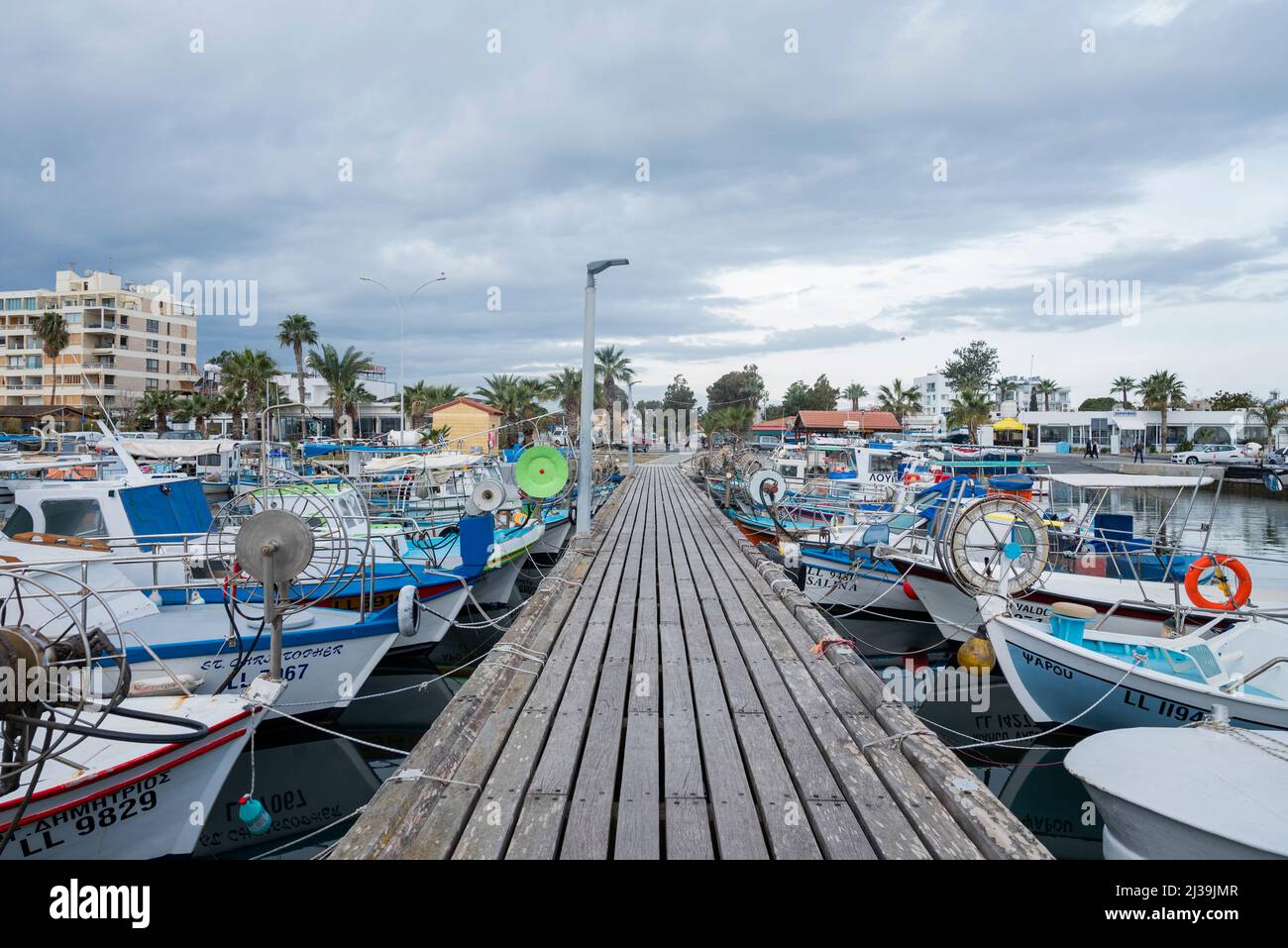 August 11, 2020 .Cyprus Larnaka .Promenade with pubes in the city for fishermen Stock Photo