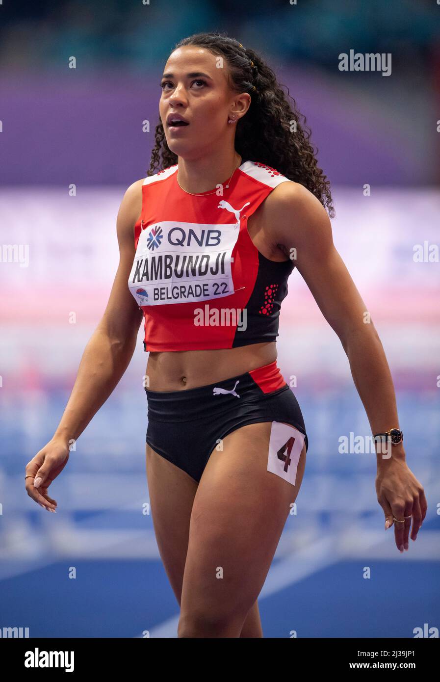 Ditaji Kambundji competing in the 60m hurdles semi finals on Day Two of