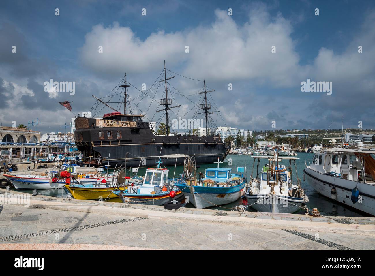 August 11, 2020 .Cyprus Ayia Napa .Promenade with pubes in the city for fishermen Stock Photo