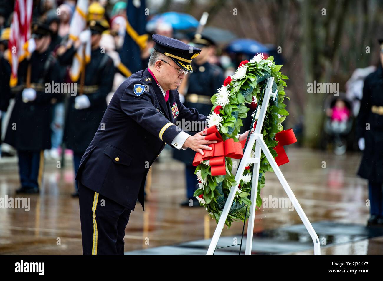 Arlington, United States Of America. 05th Apr, 2022. Arlington, United States of America. 05 April, 2022. Japanese Gen. Yoshida Yoshihide, chief of staff, Japan Ground Self-Defense Force participates in an army full honors wreath-laying ceremony at the Tomb of the Unknown Soldier, Arlington National Cemetery, April 5, 2022 in Arlington, Virginia, USA. Credit: Elizabeth Fraser/U.S. Army/Alamy Live News Stock Photo