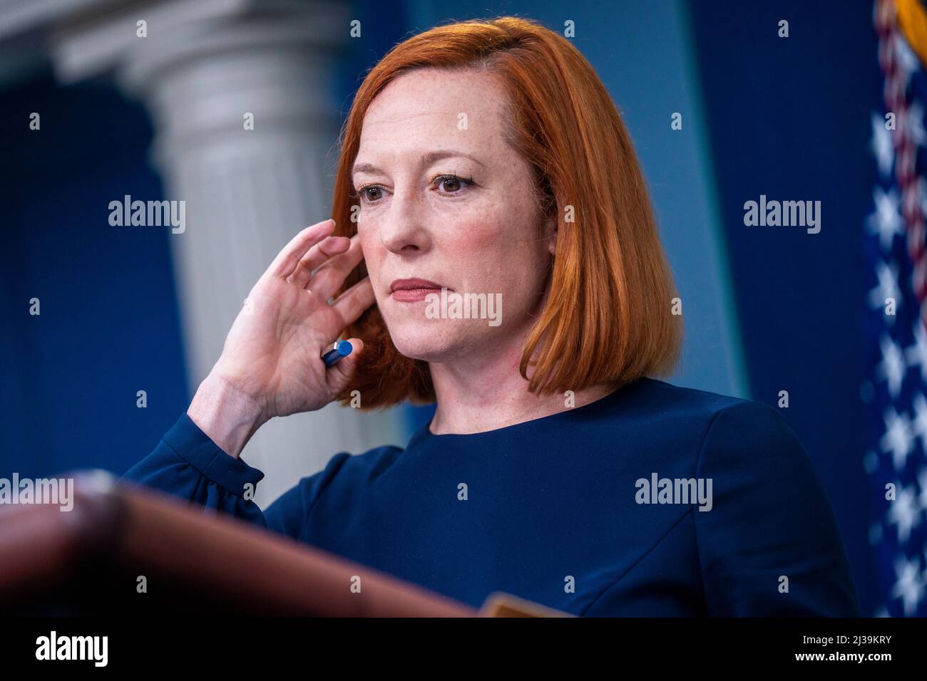 Washington, DC, USA. 06th Apr, 2022. White House Press Secretary Jen Psaki responds to a question from the news media during the daily briefing in the James S. Brady Press Briefing Room at the White House in Washington, DC, USA, 06 April 2022. Psaki plans to leave the White House around May for a job at MSNBC. Credit: Shawn Thew/Pool via CNP/dpa/Alamy Live News Stock Photo