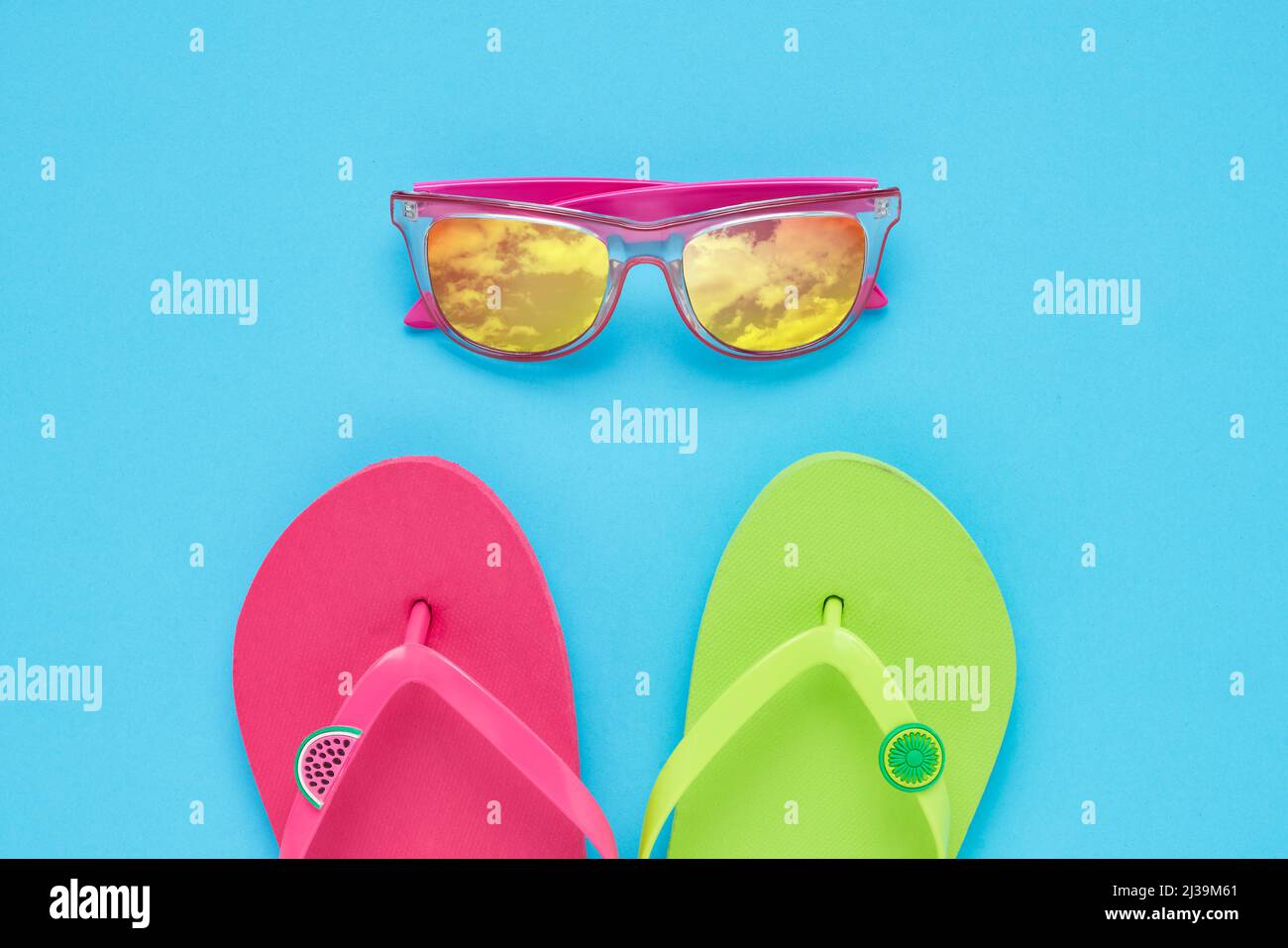 Summer vacation concept. Beach accessories, Flipflops, and sunglasses