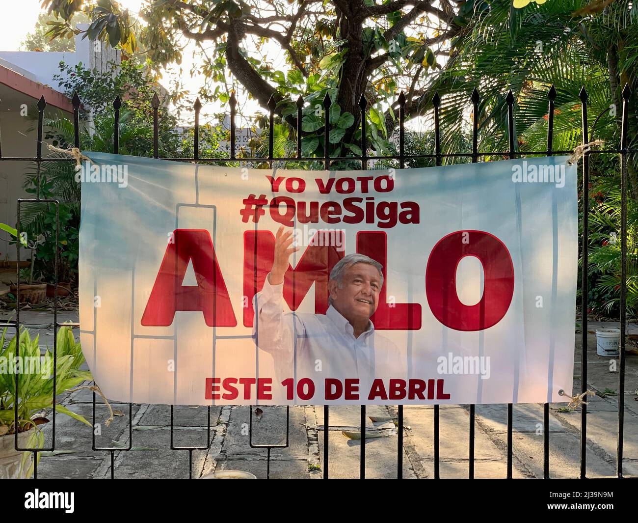 Poster for the 2022 Mexican presidential recall election that will happen in Mexico on April,10, 2022 to decide if the current president AMLO stays in office to serve his full six-year term/ Merida, Mexico Stock Photo