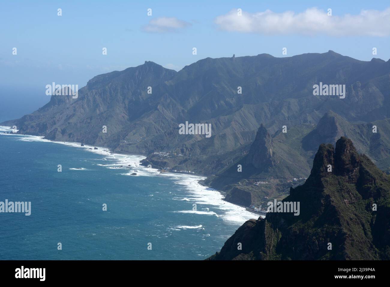 The Anaga Mountains and Atlantic Ocean on the north coast of Tenerife, Anaga Rural Park, near Taganana, Canary Islands, Spain. Stock Photo