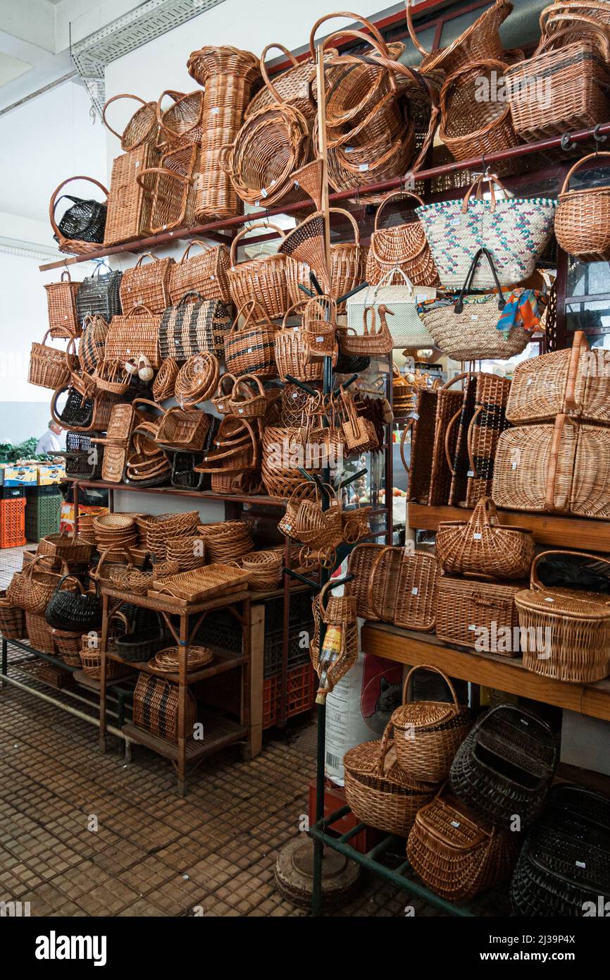 View of different wicker products for sale in a store. Stock Photo
