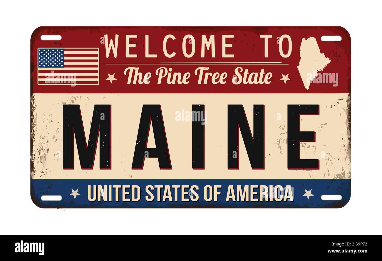 Welcome to Maine vintage rusty license plate on a white background, vector illustration Stock Vector