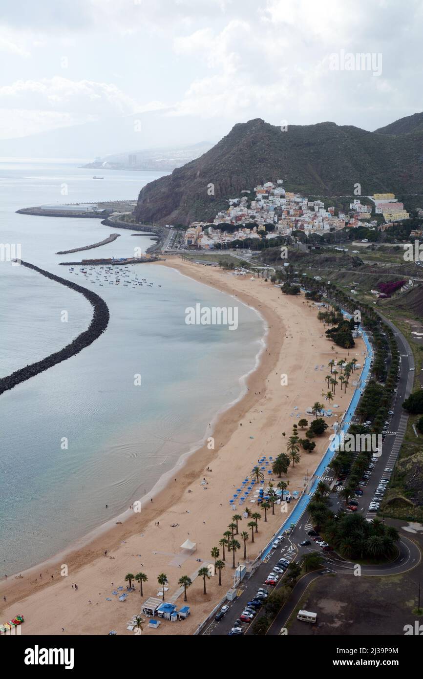 The Playa de Las Teresitas, an artificial beach and its breakwater, San Andres, Anaga Mountains, Santa Cruz de Tenerife, Canary Islands, Spain. Stock Photo