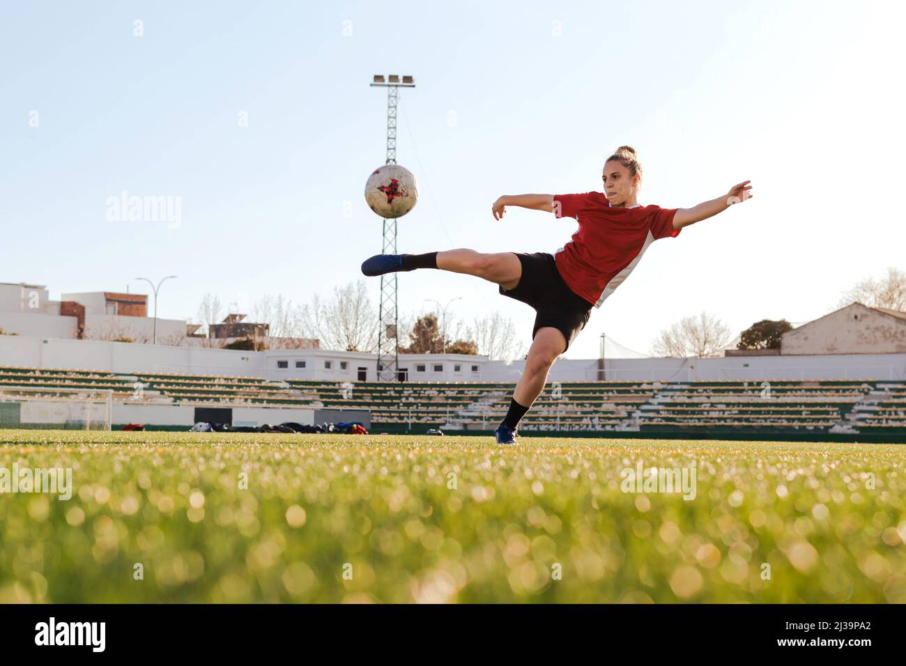 Soccer player makes an incredible shot on goal Stock Photo Alamy