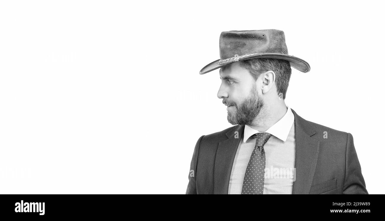 Be unique in yourself. Senior manager side-face. Manager in cowboy hat. Managing director Stock Photo
