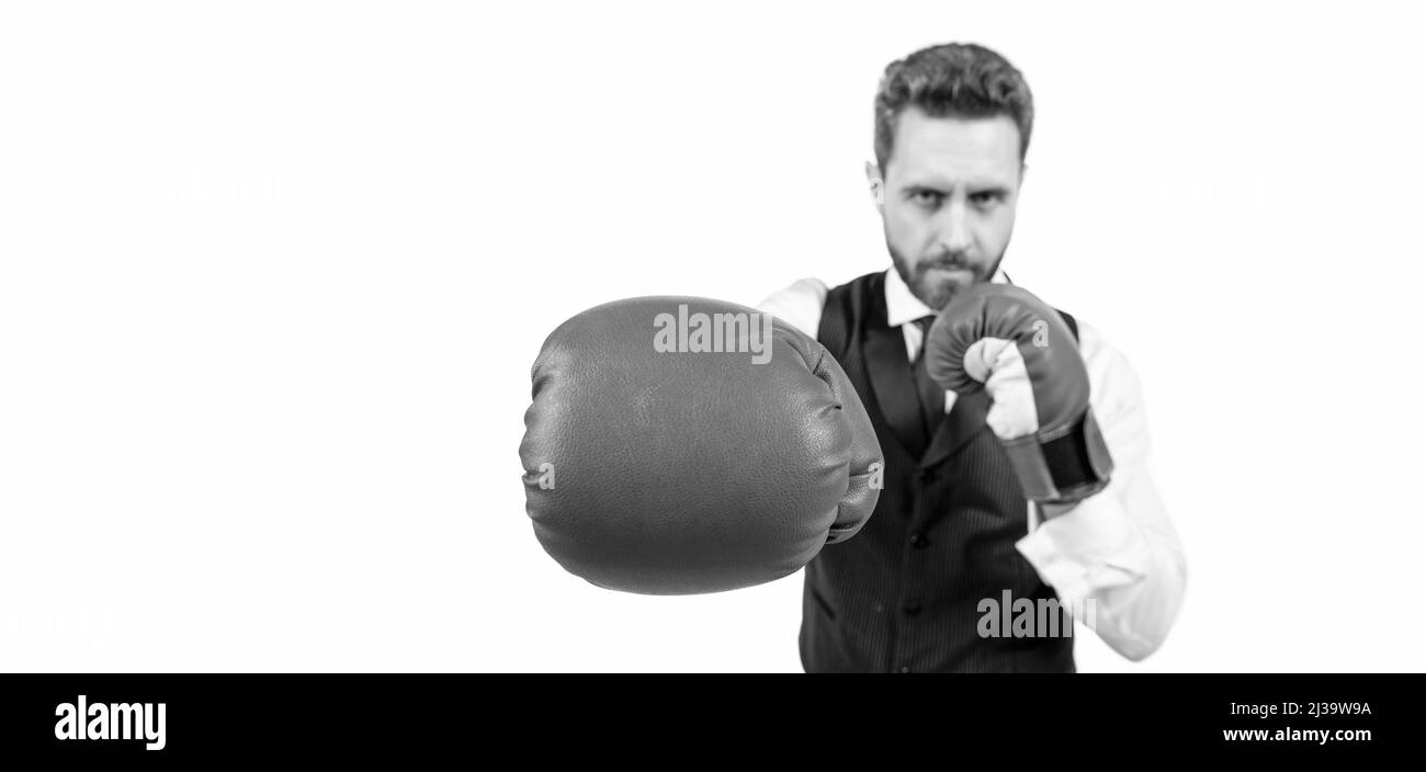 punch with fist in boxing gloves of man with copy space, selective