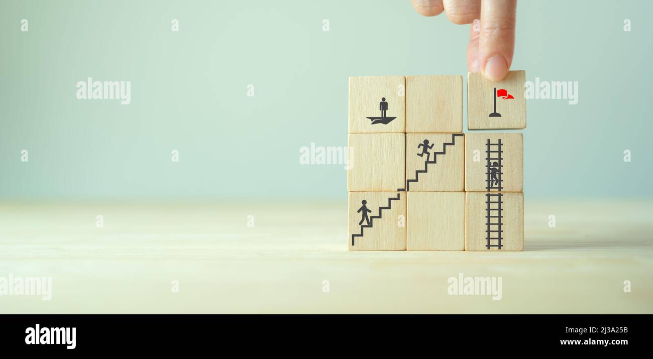 businessman compete to the goal,achievment winning red flag. vision ,opportunity or chance of leader to growth success process in business career. fin Stock Photo