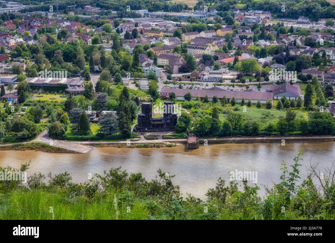 Remagen, Germany - July 31, 2021: Aerial view of the ruins of the bridge of Remagen on the Remagen side of the Rhine. Today there is a peace museum in Stock Photo