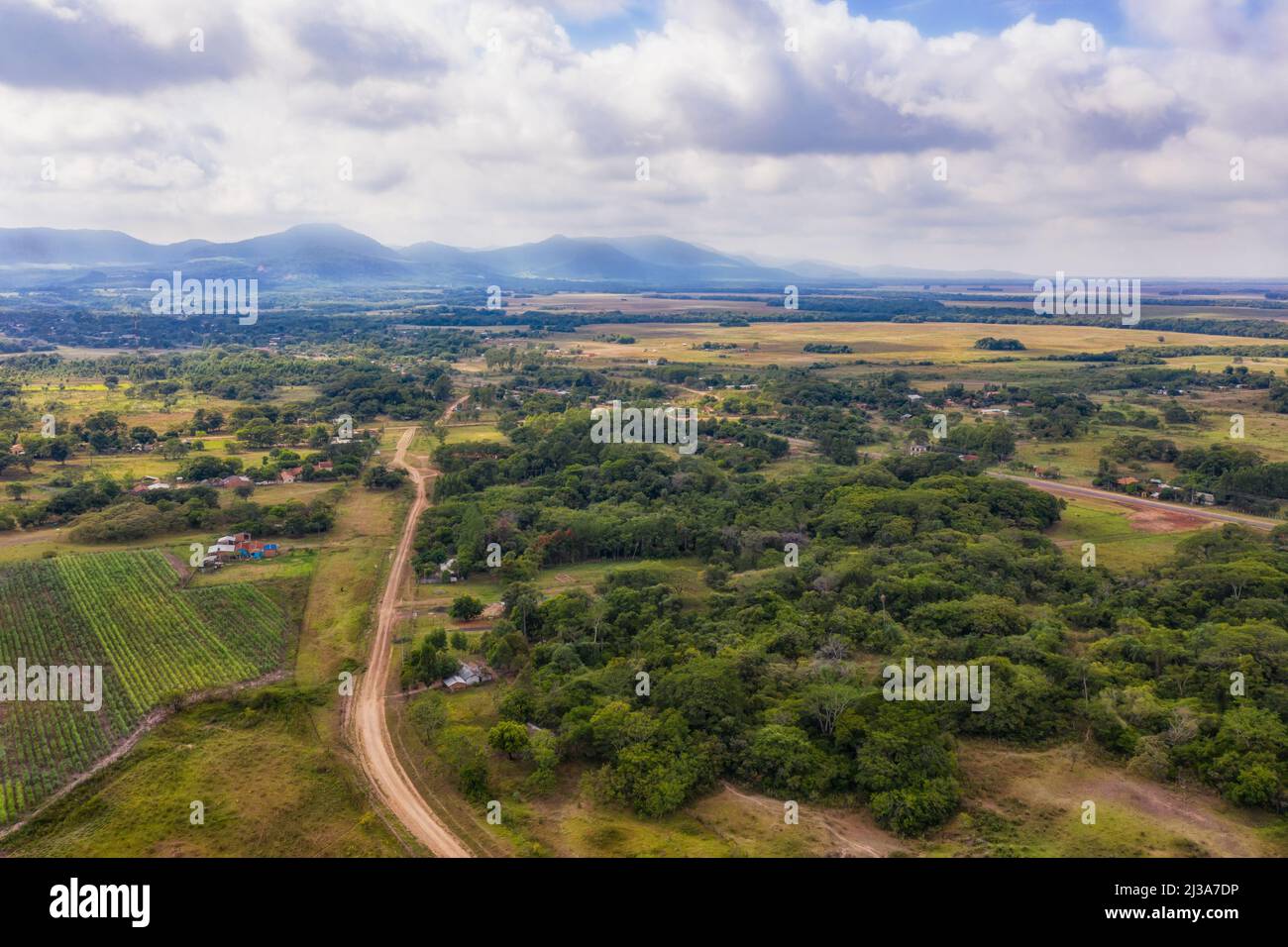 Aerial view in Paraguay with a view of the Ybytyruzu Mountains lying in the fog. Stock Photo