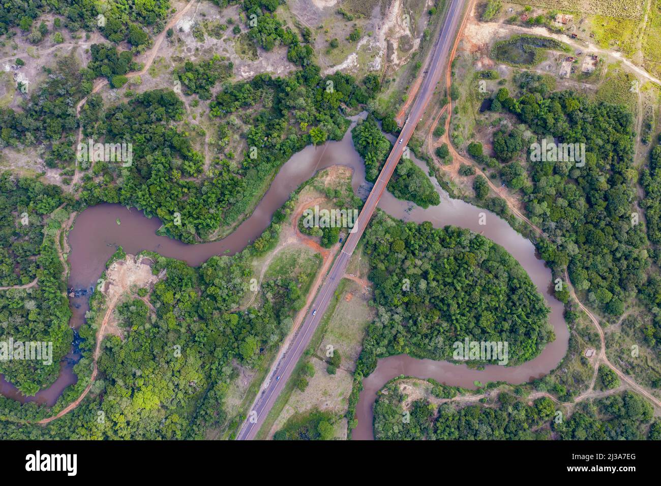 Aerial view of a bridge over the Tebicuary River in Paraguay between Natalicio Talavera and Mauricio Jose Troche. Stock Photo