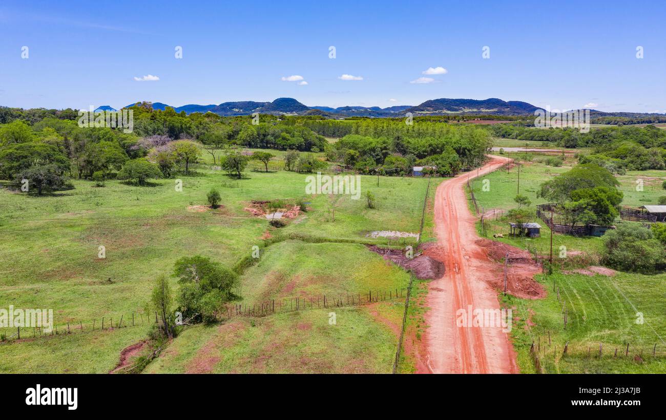 Aerial view of a landscape in Paraguay, here near Colonia Independencia with a view of the Ybytyruzu Mountains. Stock Photo