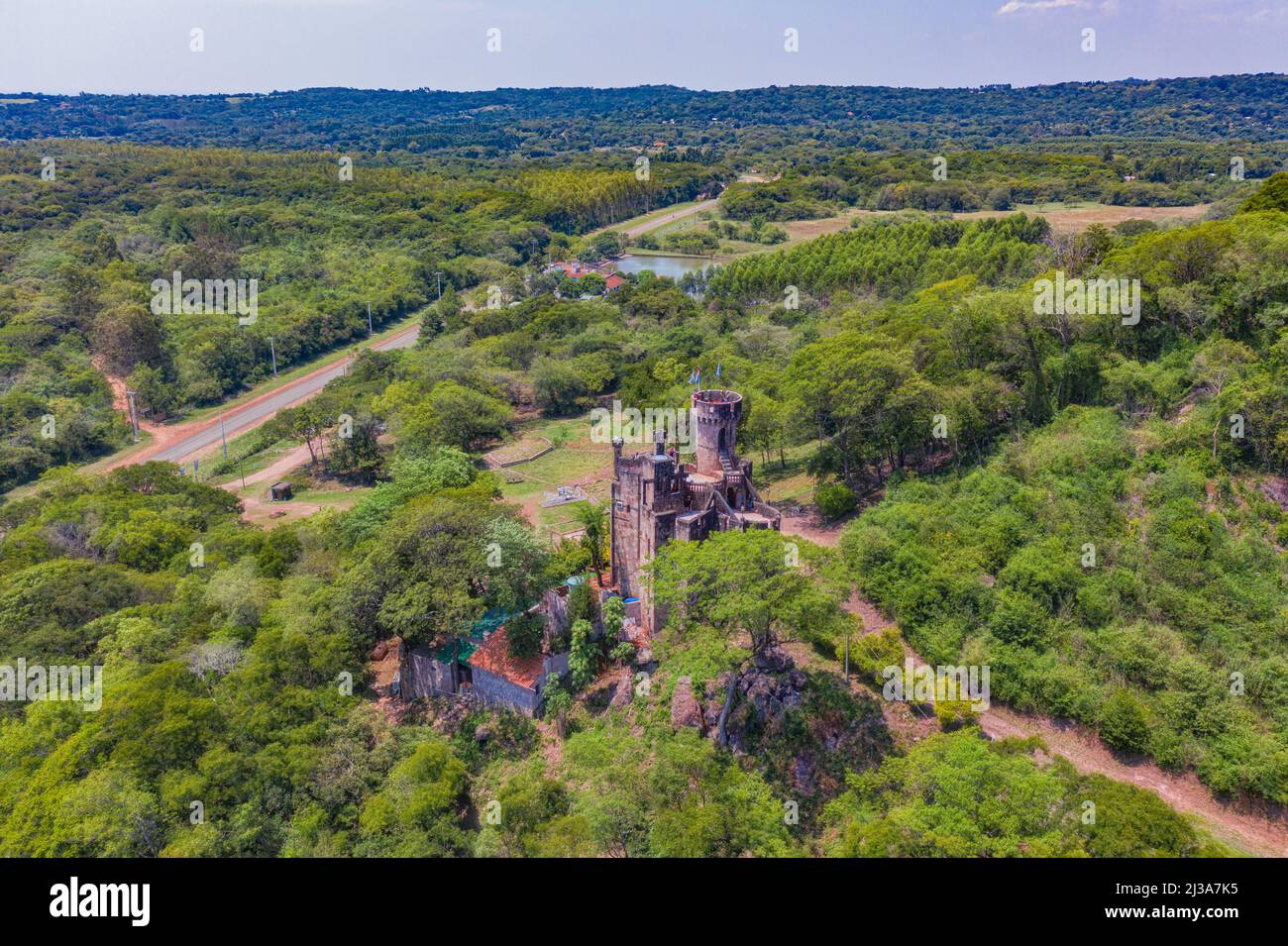 Colonia Independencia, Paraguay - February 13, 2022: Aerial view of Castillo Echauri. The castle was built by Paraguayan architect Guillermo Echauri a Stock Photo