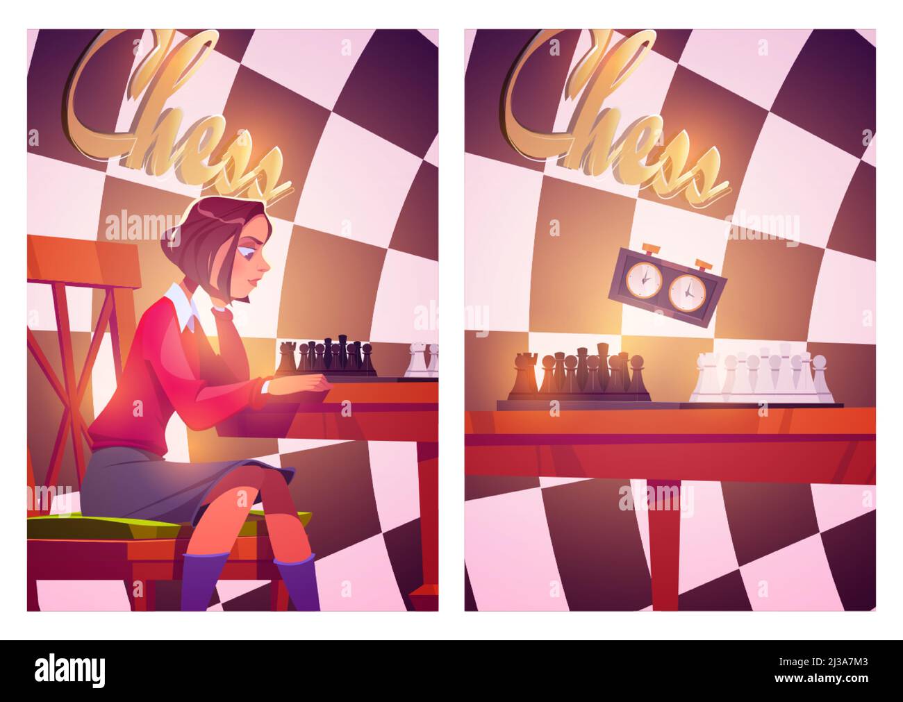 Chess posters with girl plays board game with pieces and clock. Vector flyers with cartoon illustration of woman player sitting at table with chessboa Stock Vector