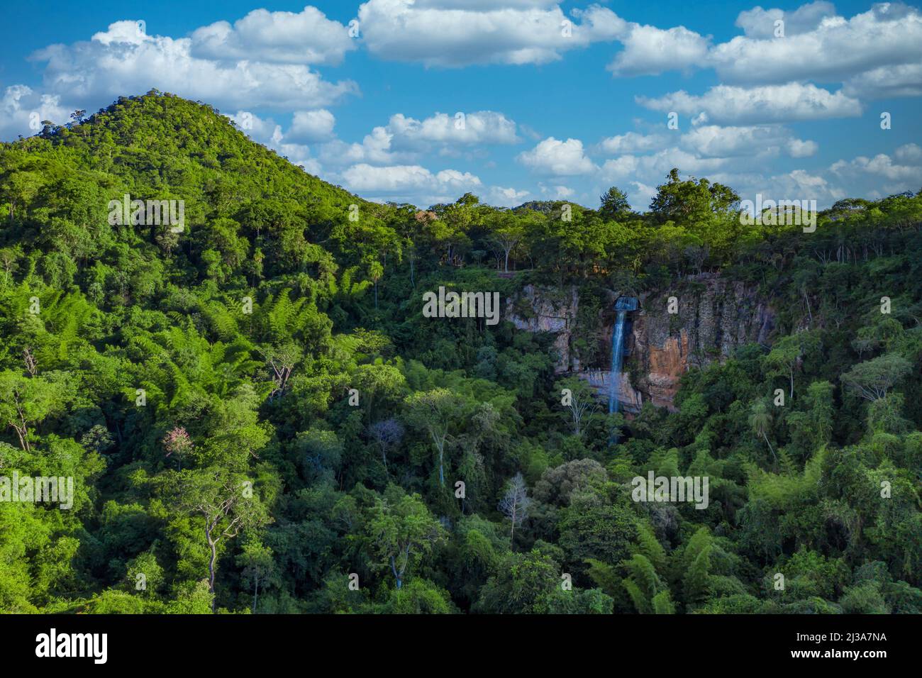 Aerial view of the Salto Suizo the highest waterfall of Paraguay near the Colonia Independencia and Vallarrica. Stock Photo