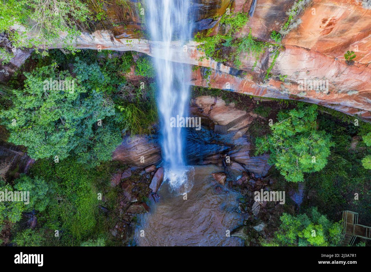 Aerial view of the Salto Suizo the highest waterfall of Paraguay near the Colonia Independencia and Vallarrica. Stock Photo