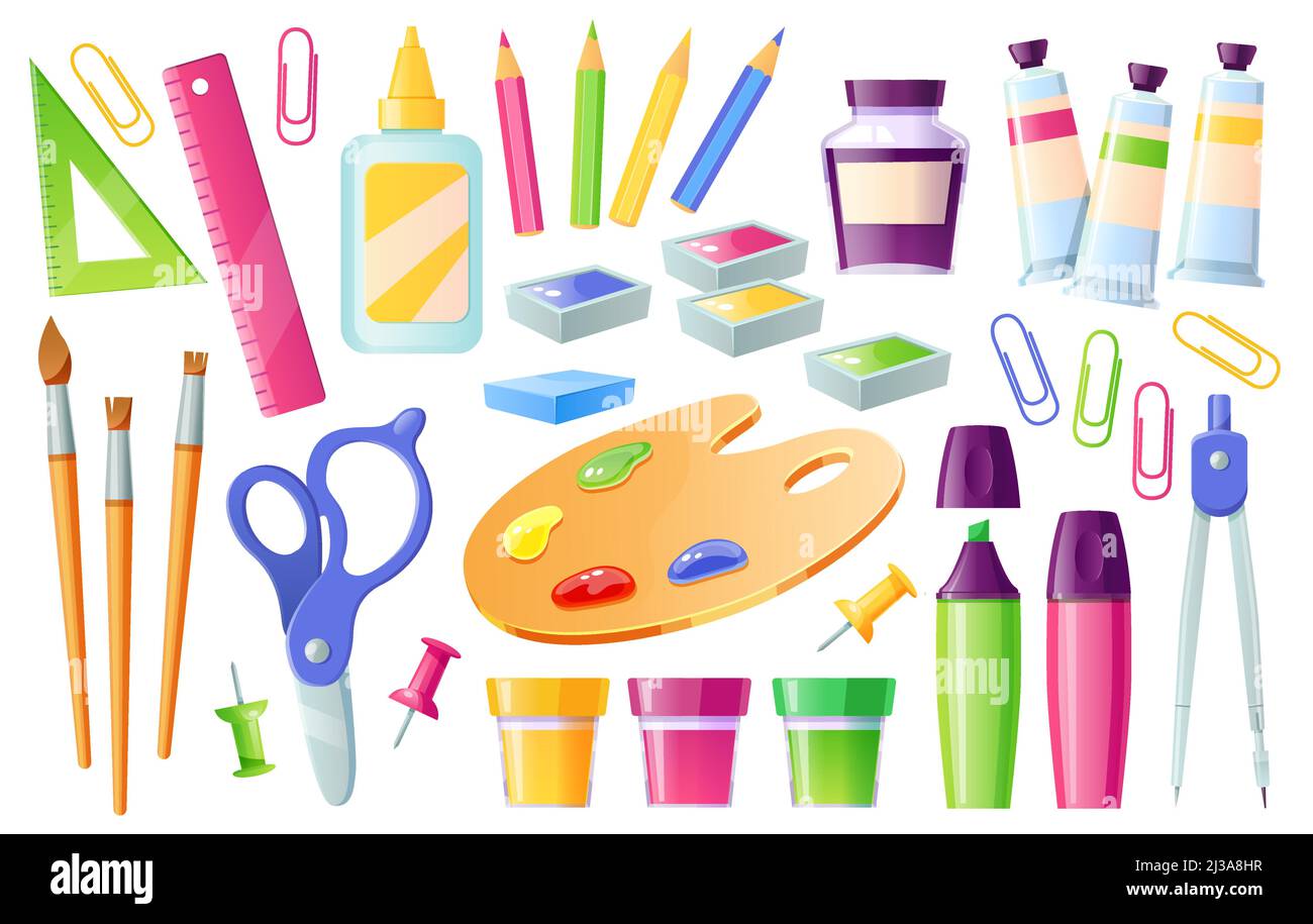 School supplies and stationery, learning items colored pencils, paints and  brushes, glue, ruler and scissors with compass, marker and palette with pap  Stock Vector Image & Art - Alamy