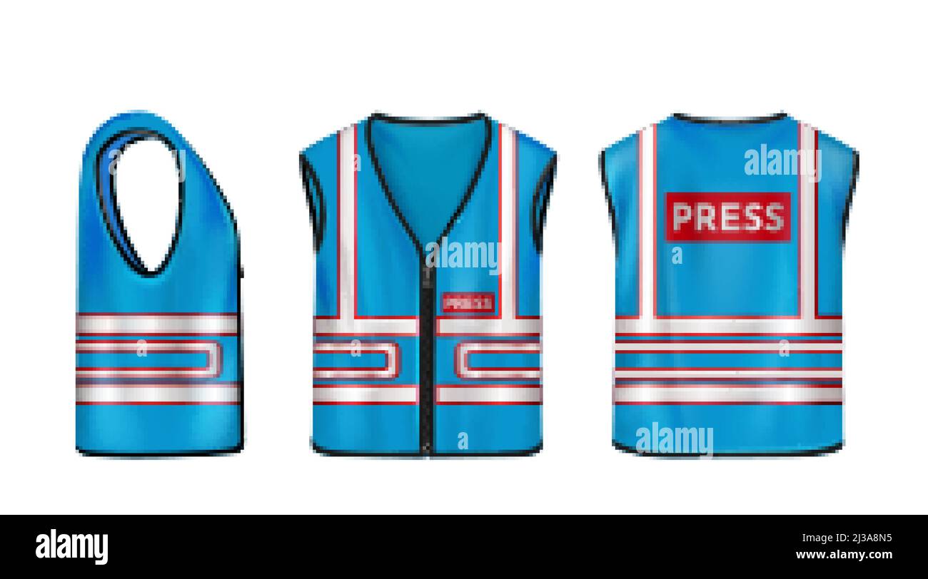 Blue safety vest for press with reflective stripes. Uniform for journalists, reporters and mass media workers. Vector realistic 3d waistcoat with refl Stock Vector