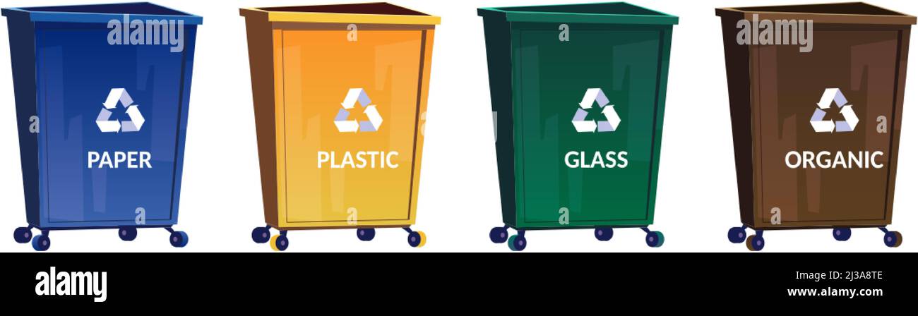 Trash bins for separate and recycle garbage. Containers for sort paper, glass, plastic and organic waste. Vector cartoon set of yellow, blue, green an Stock Vector