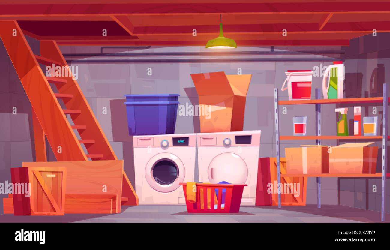 Laundry in basement, home cellar interior with washing and dryer machines, detergents on shelves, basket with dirty linen and carton boxes near wooden Stock Vector