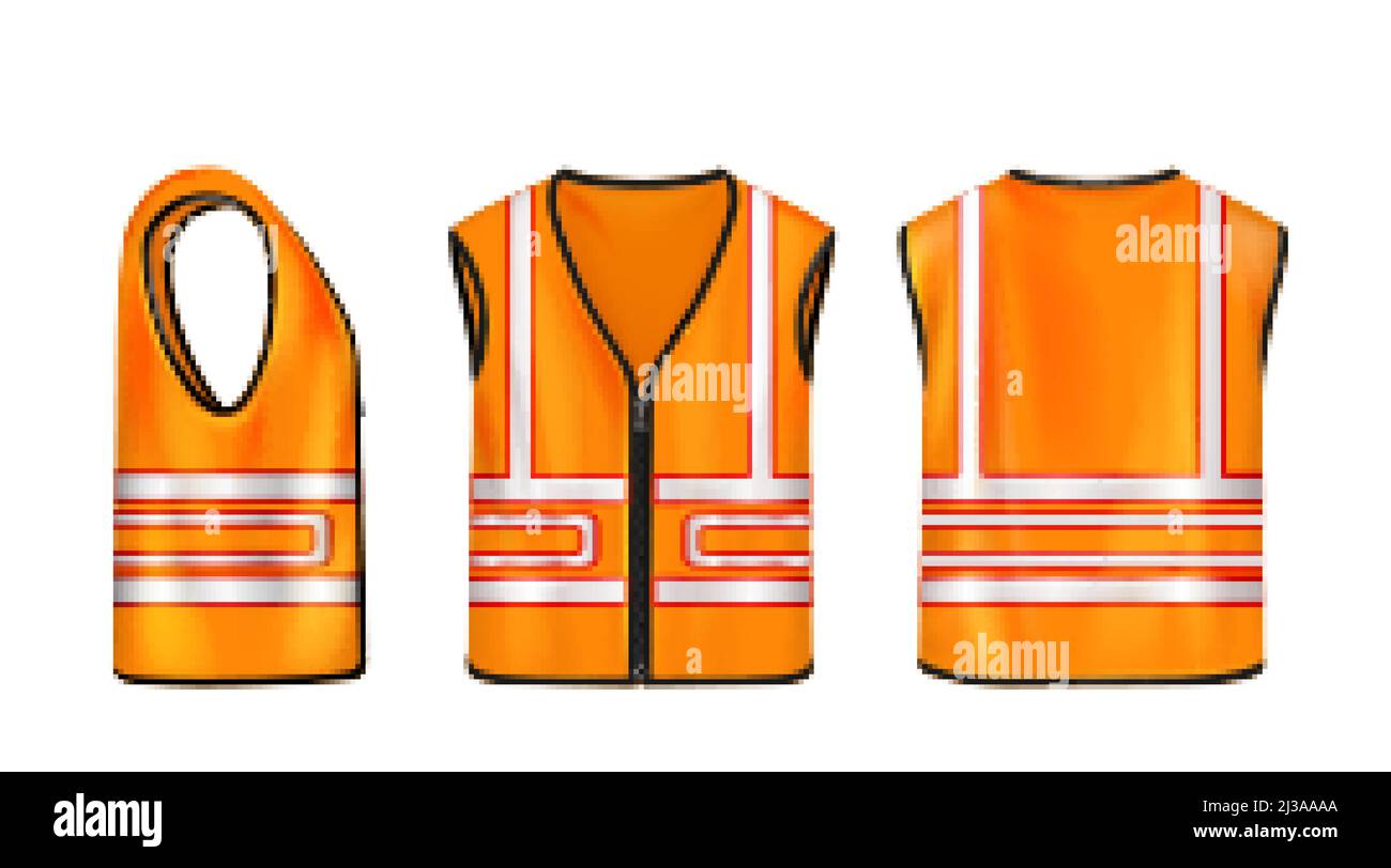 Safety vest front, side and back view, orange sleeveless jacket with reflective stripes for road works, waistcoat mockup with fluorescent protective d Stock Vector
