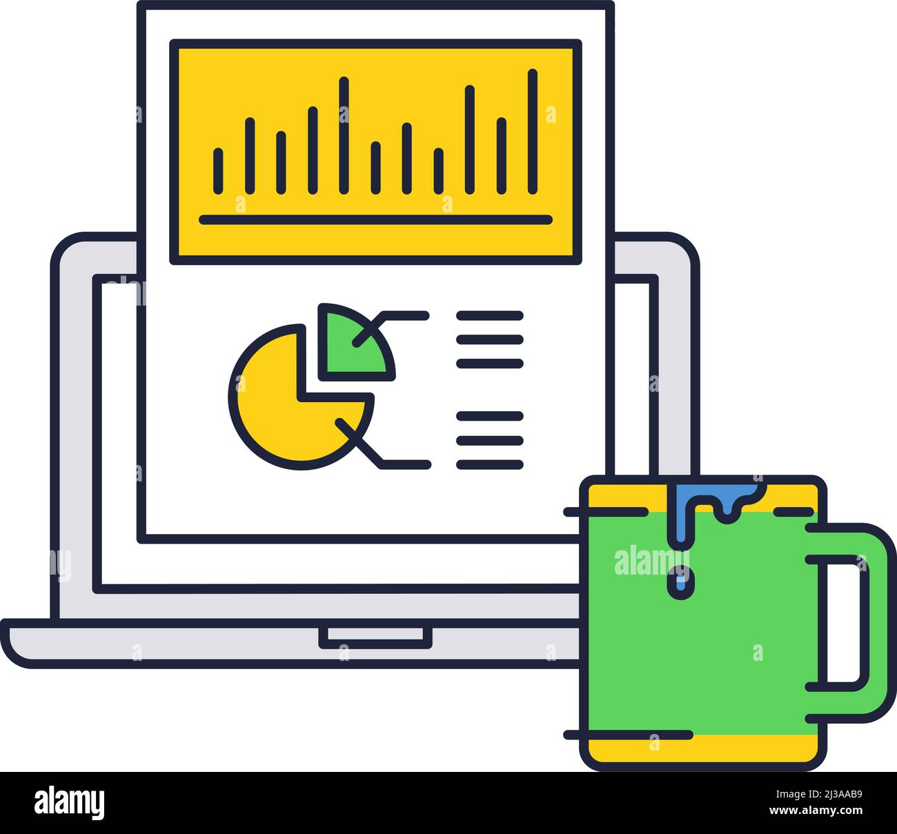 Workflow vector line icon. Computer laptop with business data statistic