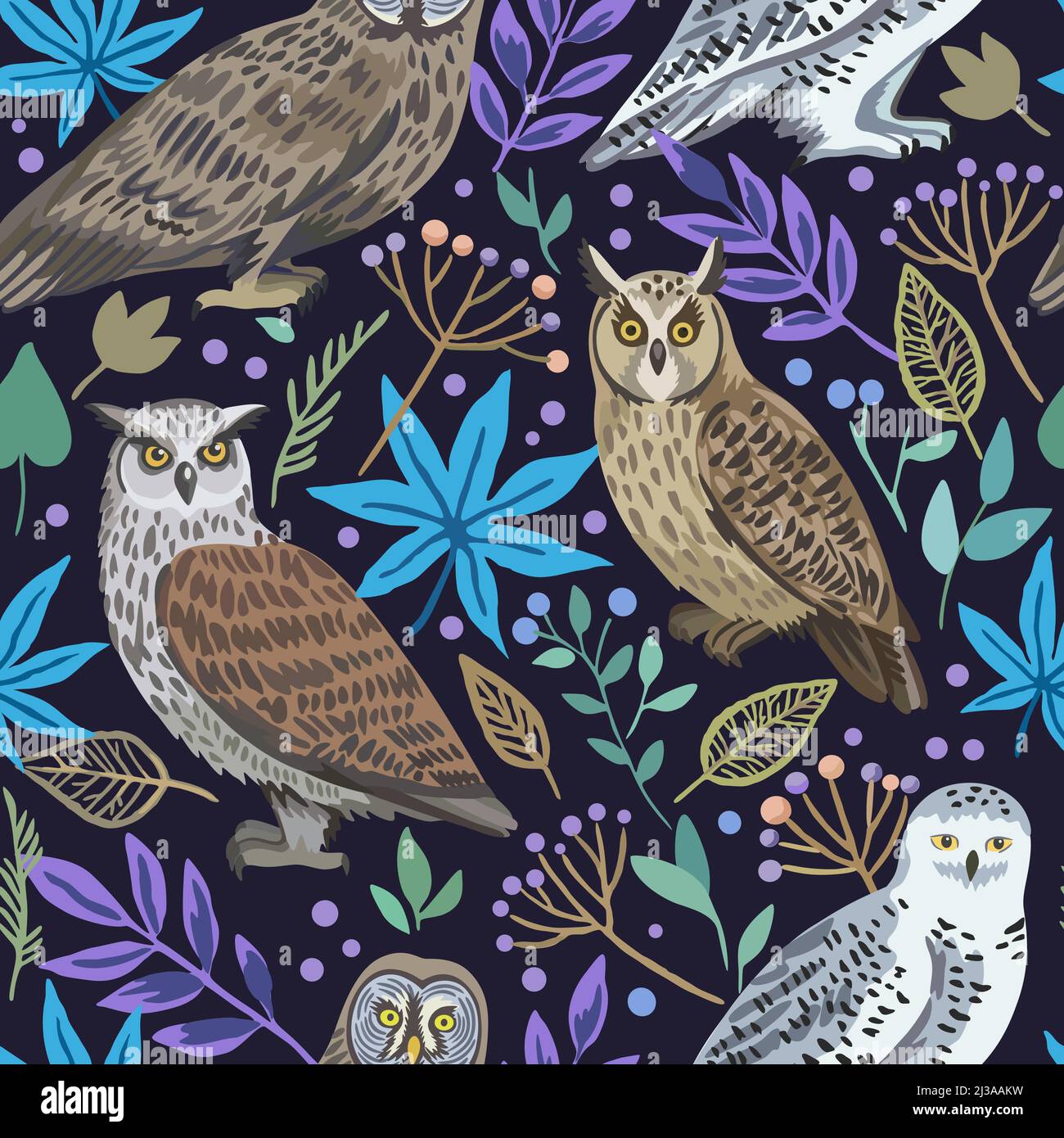 Seamless pattern with cute owls and forest plants and berries for ...