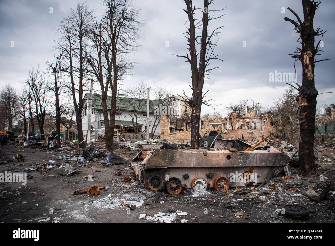 Irpin, Ukraine. 06th Apr, 2022. View of a destroyed Russian tank in Irpin, a town near Kyiv that was recently liberated from Russian forces. Russia invaded Ukraine on 24 February 2022, triggering the largest military attack in Europe since World War II. Credit: SOPA Images Limited/Alamy Live News Stock Photo