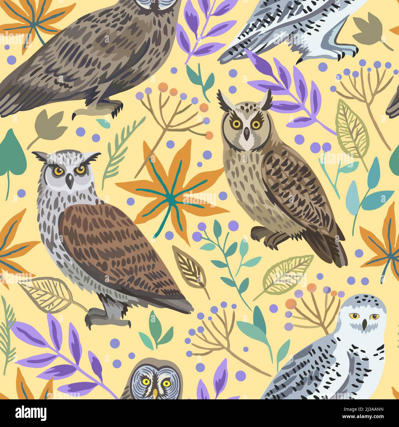Seamless pattern with cute owls and forest plants and berries for ...