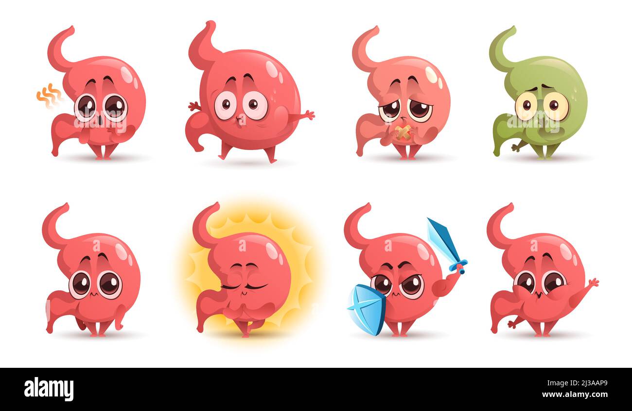 Cartoon stomach character, cute mascot with sword and shield, ulcer