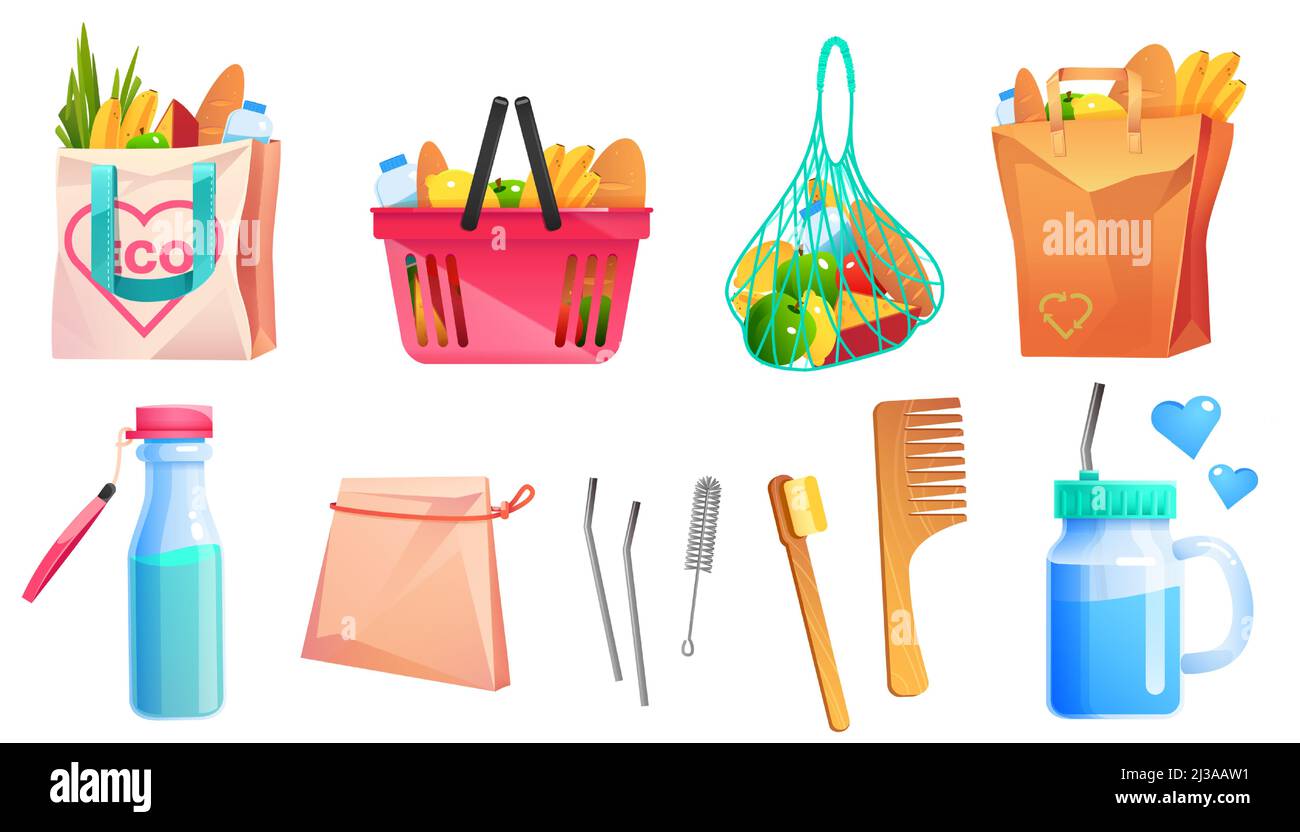 Zero waste goods, net, cotton and paper shopping bags, wooden comb and toothbrush, glass bottle and cup with metal straw. Vector cartoon set of recycl Stock Vector